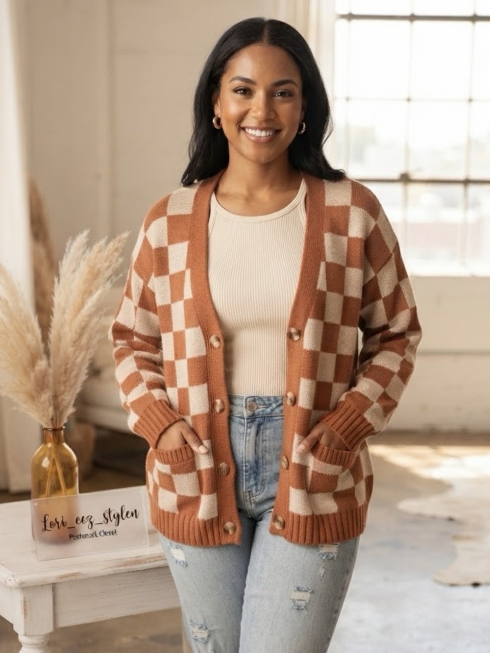 American Eagle Outfitters Checkerboard Cardigan in Rust & Cream